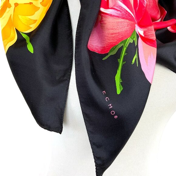 ECHO Large Square Silk Scarf Rose Blossons on Black Background 35" - Picture 7 of 16